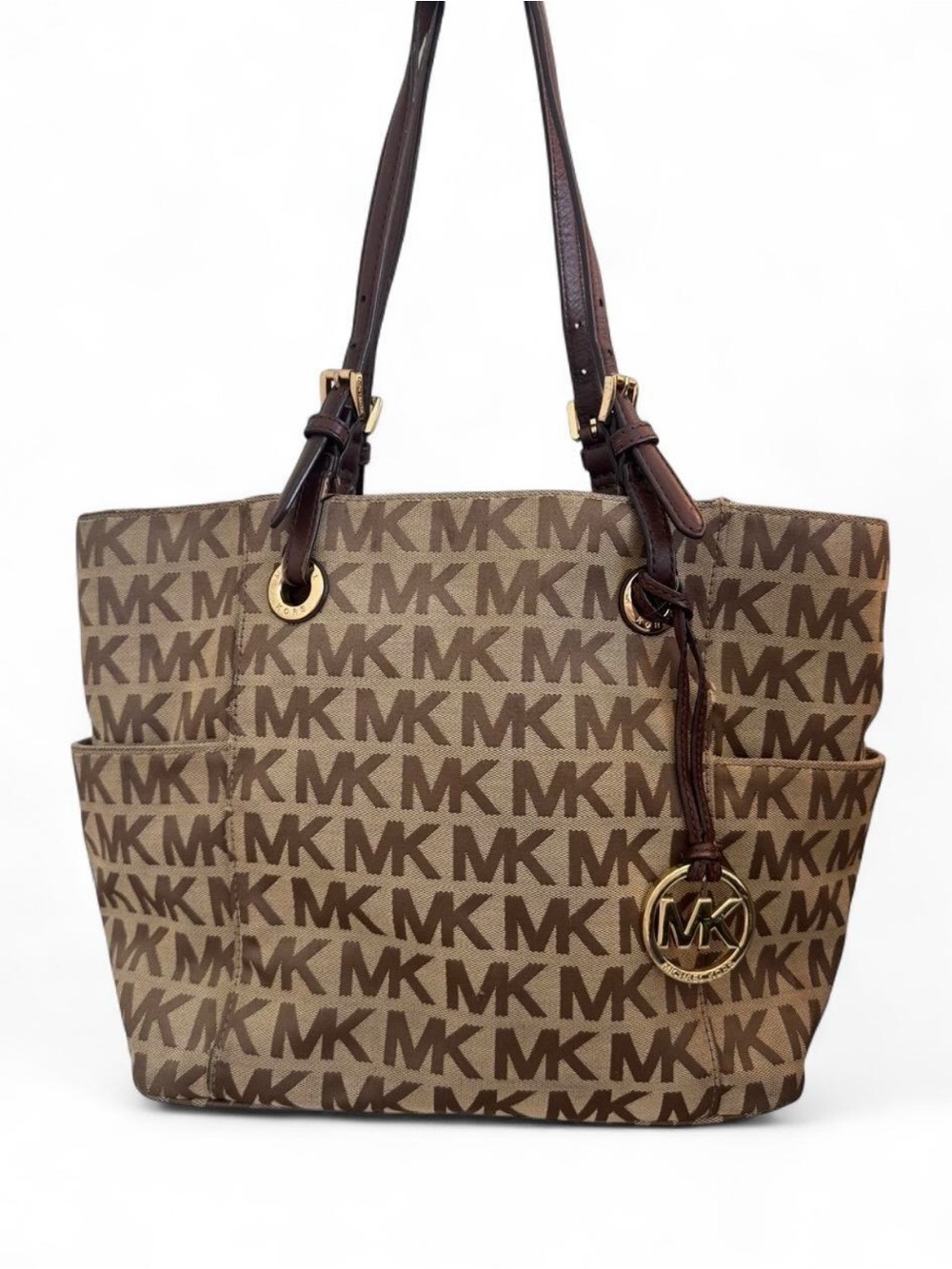 Michael Kors Tan and Brown MK Monogram Tote with Gold Charm